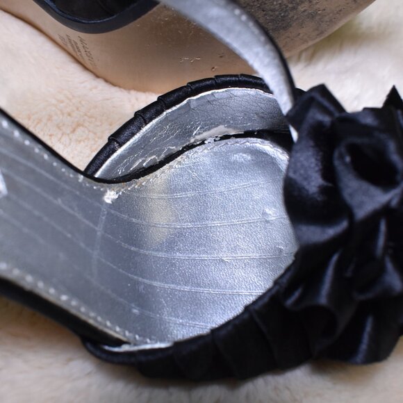 Max Studio Black Satin Slingback Heels 7.5 Floral Peep Toe Stiletto Slip On - Picture 14 of 14